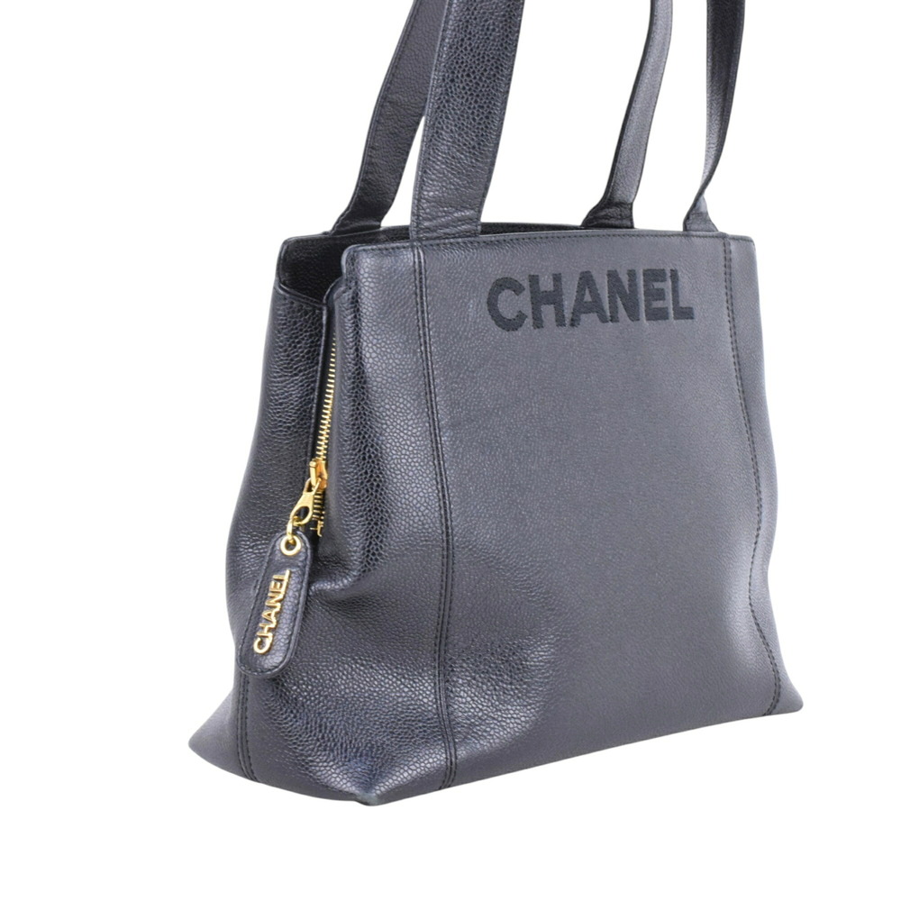 Chanel black logo handbag leather caviar tote bag skin